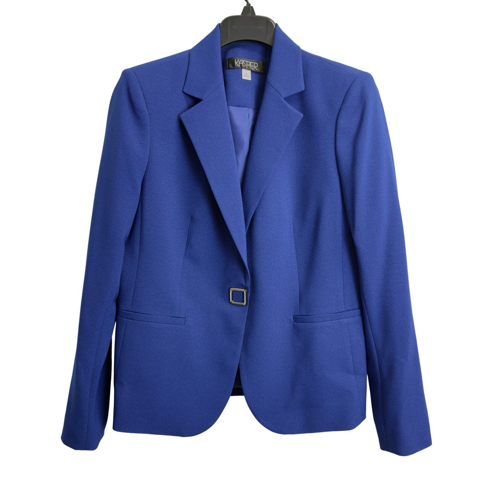 Kasper‎ Royal Blue Crepe Blazer Snap Front Square Buckle Office Jacket Womens 6